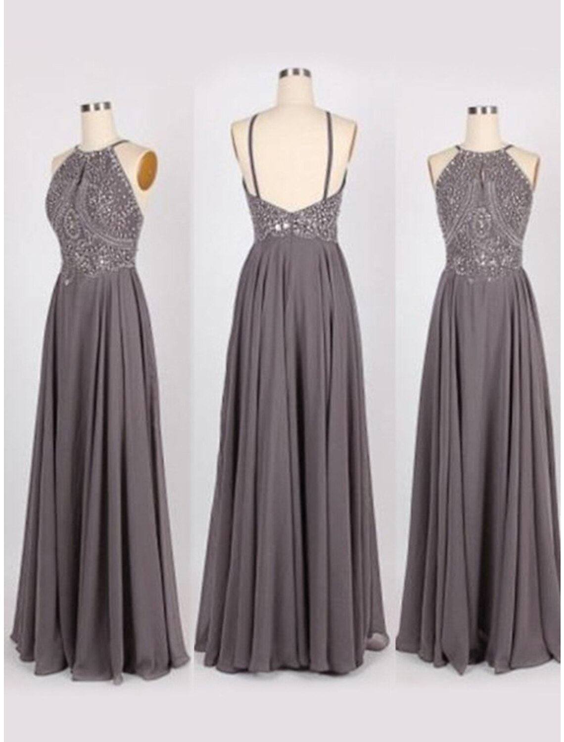 A-Line/Princess Halter Sleeveless Sweep/Brush Train Beading Chiffon Dresses