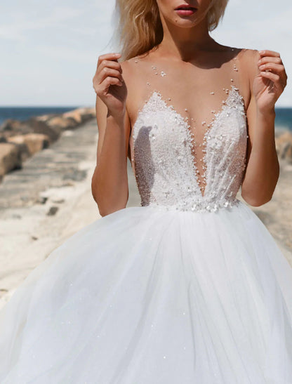 Beach Open Back Boho Wedding Dresses A-Line Sweetheart Sleeveless Court Train Tulle Bridal Gowns With Solid Color