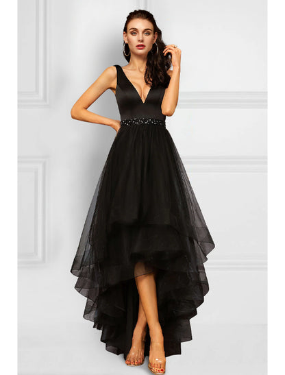 A-Line Cocktail Dresses Elegant Dress Party Wear Asymmetrical Sleeveless V Neck Organza with Rhinestone Ruffles