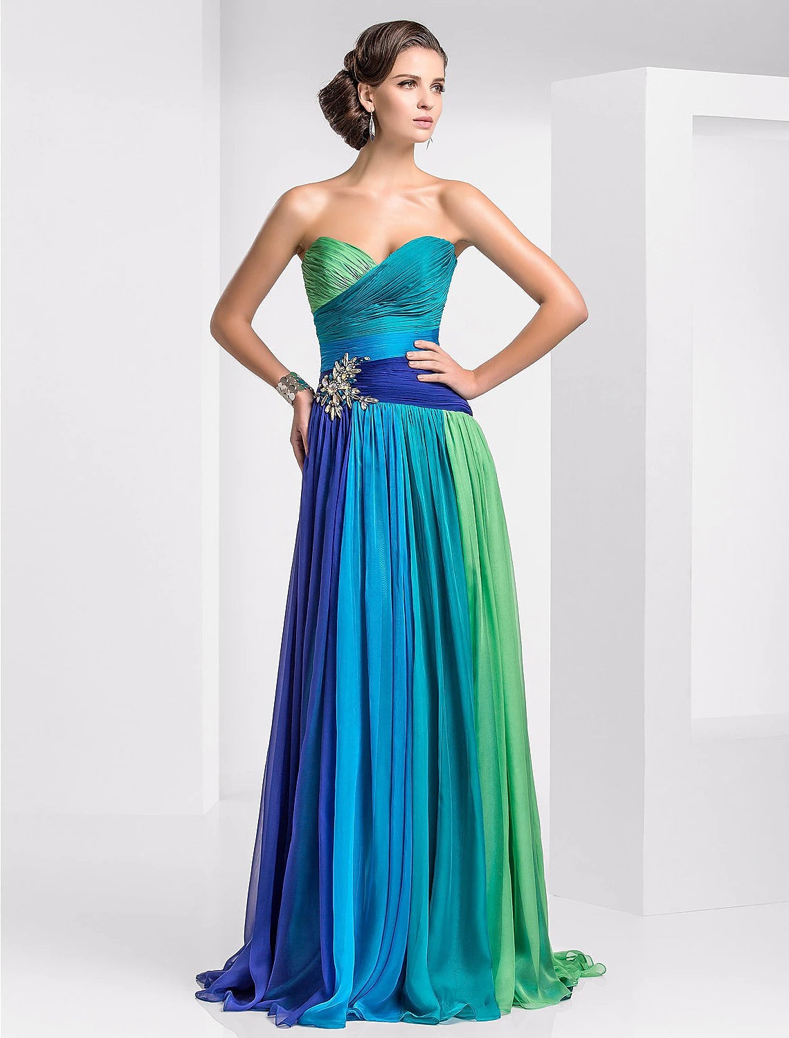 A-Line Color Block Dress Wedding Guest Formal Evening Sweep / Brush Train Sleeveless Sweetheart Chiffon Backless with Pleats Ruched Crystals