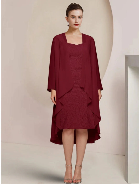 A-Line Mother of the Bride Dress Wedding Guest Elegant Petite Square Neck Knee Length Chiffon Long Sleeve with Ruching Solid Color