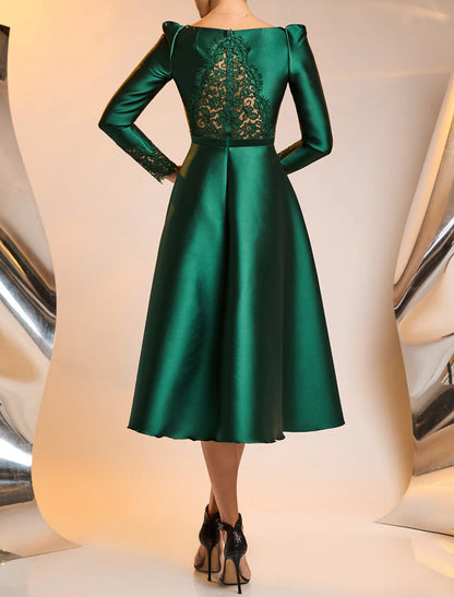 A-Line Cocktail Dresses Elegant Dress Wedding Guest Tea Length Long Sleeve Jewel Neck Satin with Appliques