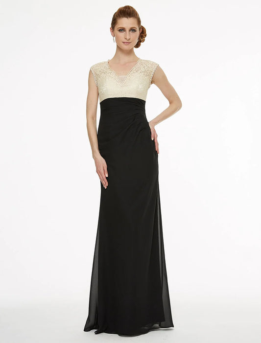 Sheath / Column V Neck Floor Length Chiffon / Lace Mother of the Bride Dress with Lace