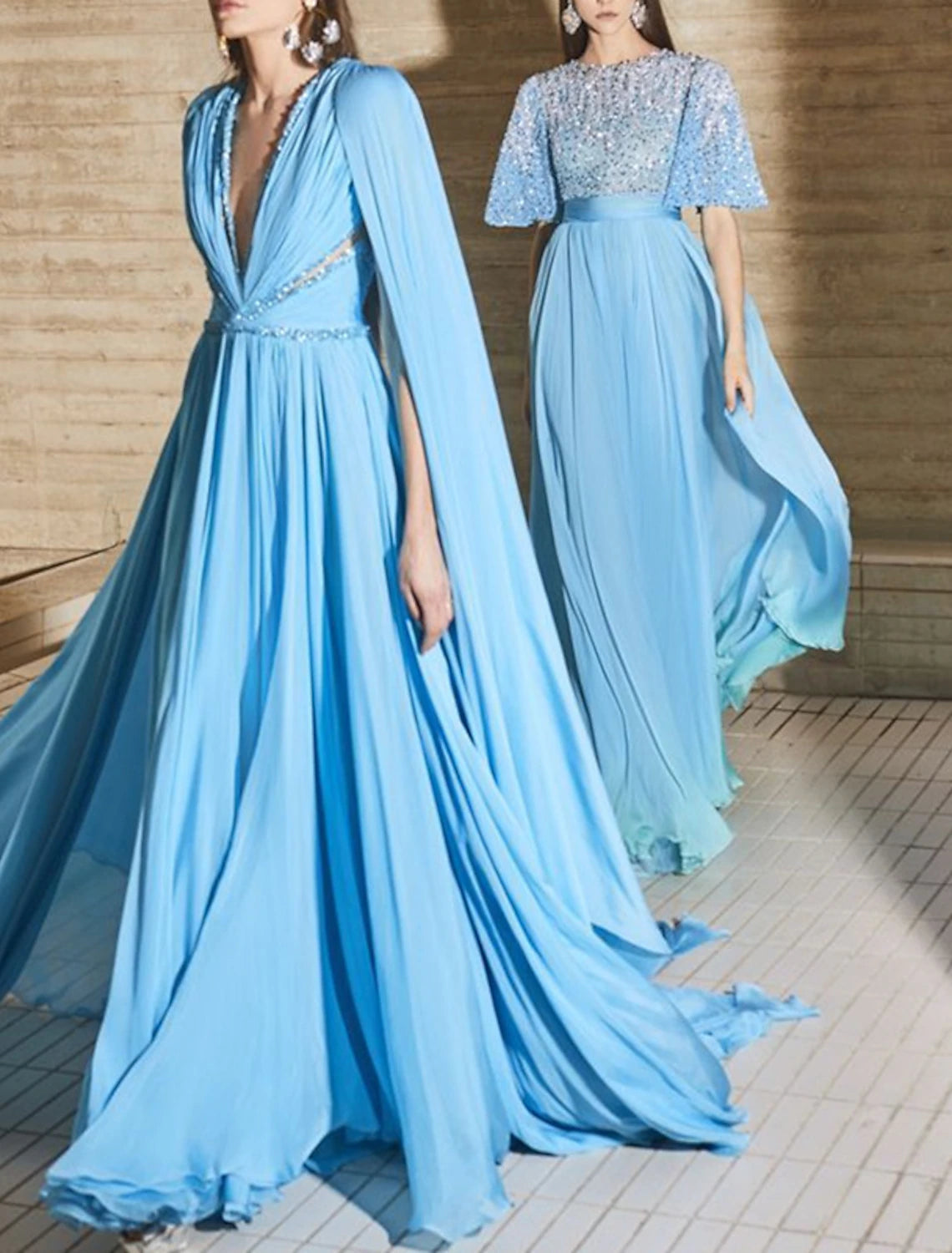 A-Line Evening Gown Sexy Dress Formal Wedding Guest Court Train Sleeveless V Neck Capes Chiffon with Rhinestone Ruched