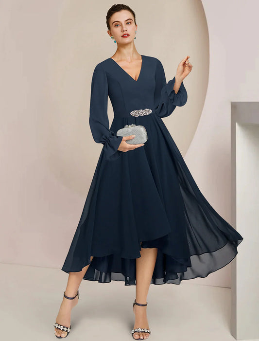 A-Line Mother of the Bride Dress Formal Wedding Guest Elegant High Low Scoop Neck V Neck Asymmetrical Tea Length Chiffon Long Sleeve with Crystal Brooch