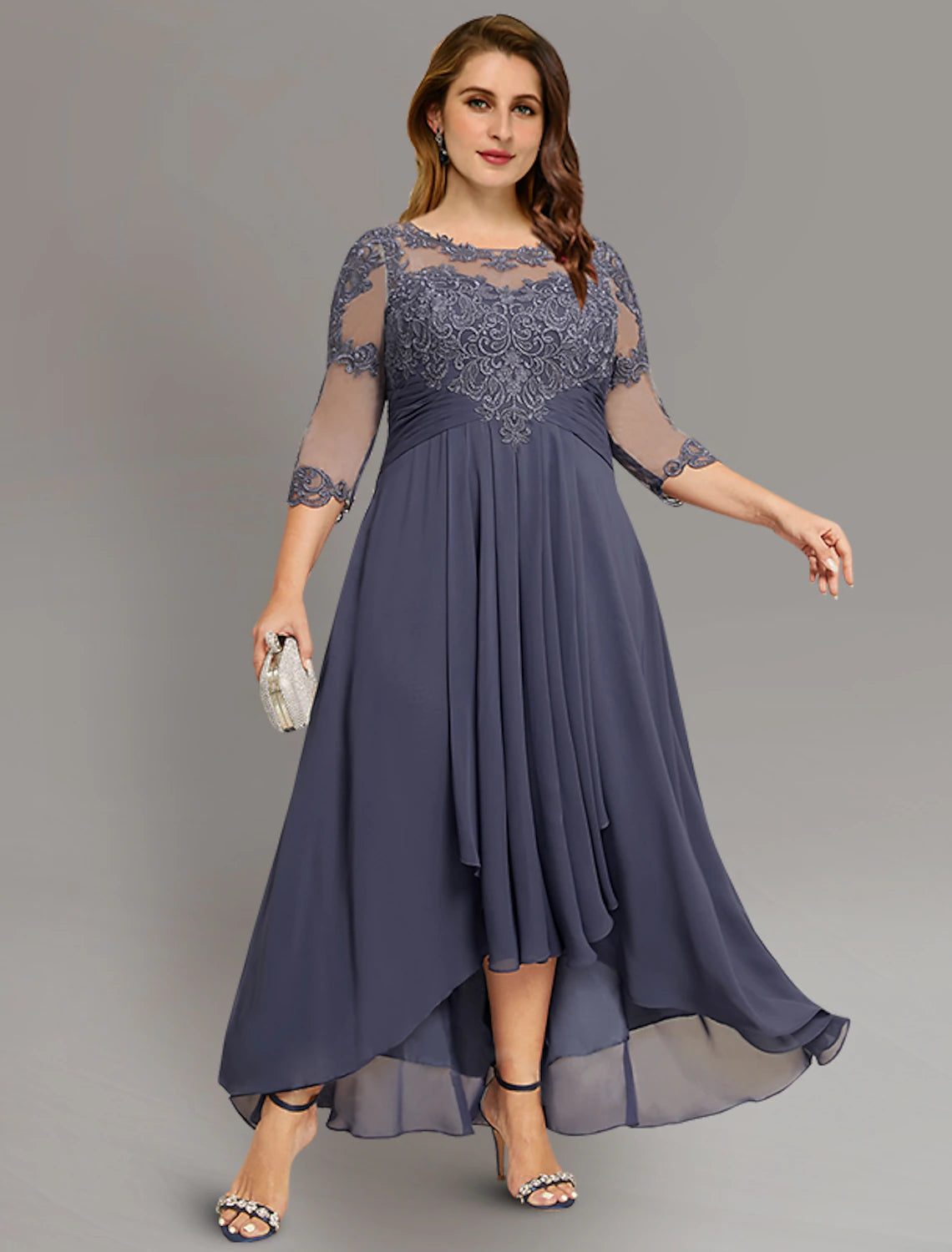 Sheath / Column Mother of the Bride Dress Wedding Guest Elegant Jewel Neck Asymmetrical Chiffon Lace 3/4 Length Sleeve with Pleats Solid Color