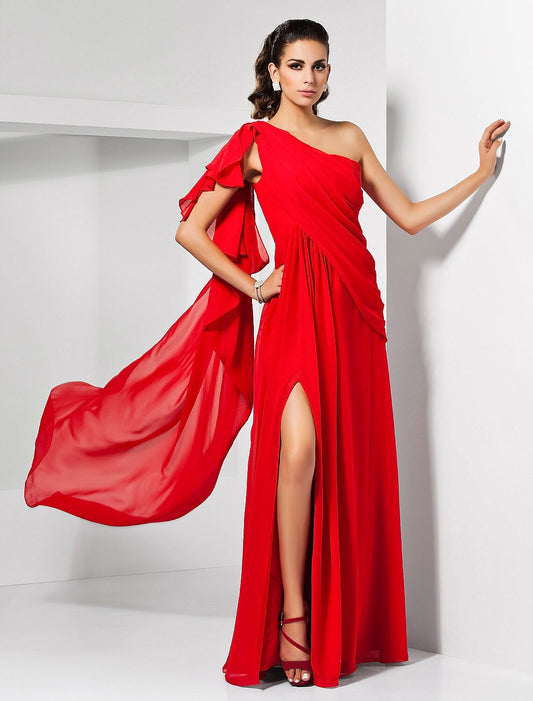 Sheath Red Green Dress Empire Wedding Guest Formal Evening Dress One Shoulder Sleeveless Floor Length Chiffon with Draping Slit