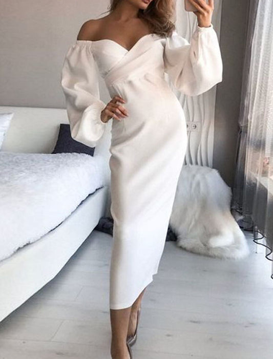 Sheath / Column Cocktail Dresses Little White Dresses Dress Wedding Guest Engagement Tea Length Long Sleeve Sweetheart Fall Wedding Guest Stretch Fabric with Sleek Pure Color