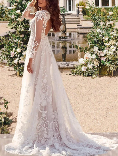 Open Back Formal Wedding Dresses A-Line V Neck Long Sleeve Court Train Lace Bridal Gowns With Appliques