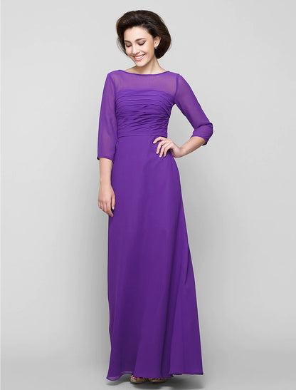 A-Line Mother of the Bride Dress Elegant Scoop Neck Ankle Length Chiffon 3/4 Length Sleeve No with Ruched