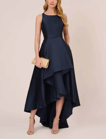 A-Line Evening Gown High Low Dress Wedding Wedding Guest Asymmetrical Sleeveless Boat Neck Taffeta with Pleats Pocket