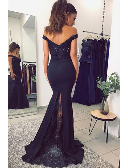 Mermaid / Trumpet Prom Dresses Sexy Dress Formal Court Train Sleeveless Off Shoulder Stretch Fabric V Back with Beading Appliques