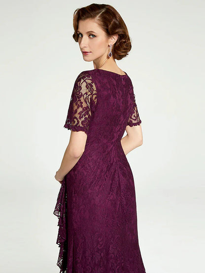 Sheath / Column Mother of the Bride Dress V Neck Floor Length Lace Short Sleeve with Lace Beading