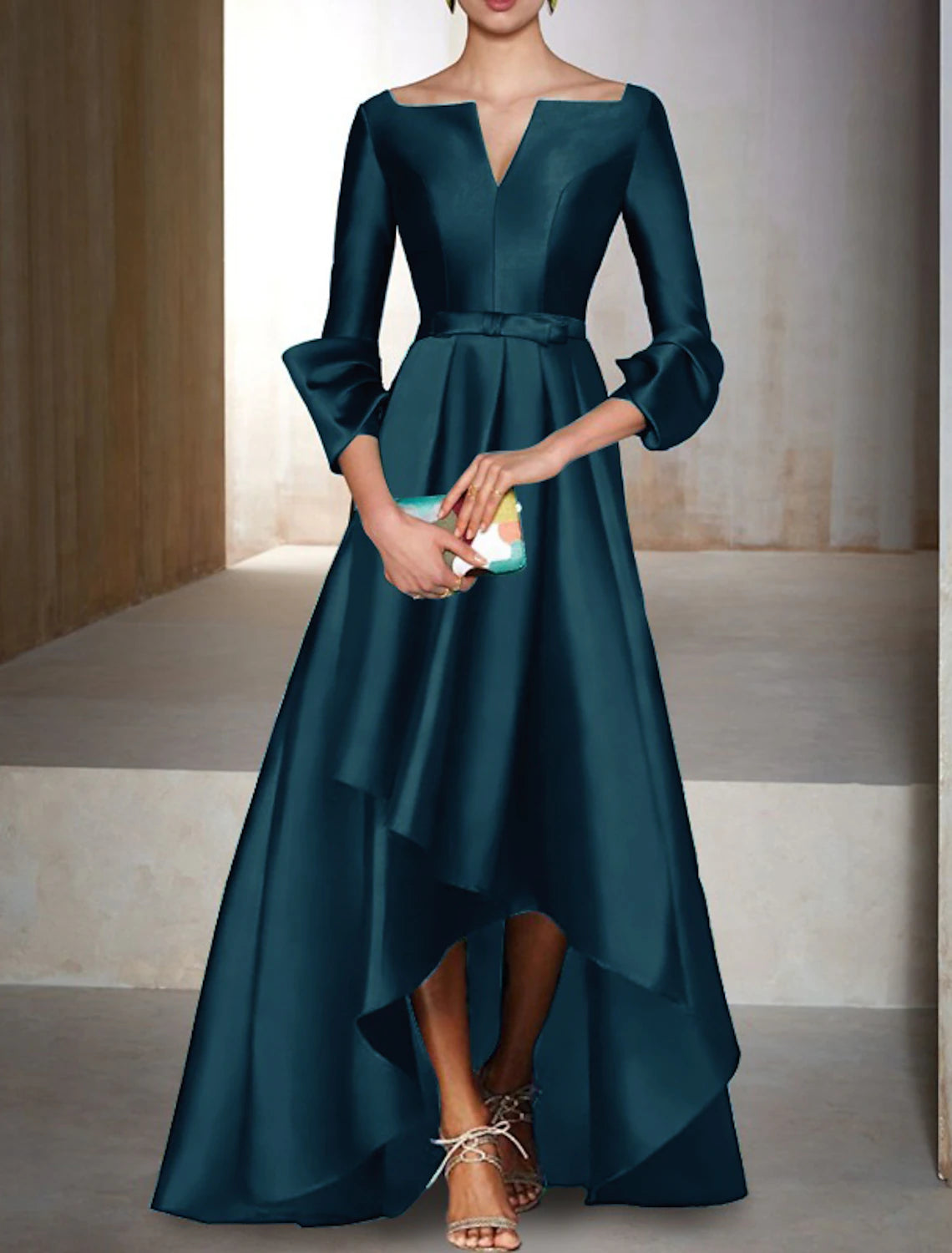 A-Line Evening Gown Elegant Dress Christmas Red Green Dress Formal Wedding Guest Floor Length 3/4 Length Sleeve V Neck Satin with Bow(s)