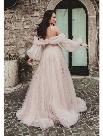 A-Line Prom Dresses Corsets Dress Formal Wedding Party Floor Length Long Sleeve Off Shoulder Tulle with Glitter Ruched Slit