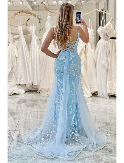 Mermaid / Trumpet Prom Dresses Elegant Dress Formal Floor Length Sleeveless Spaghetti Strap Tulle with Sequin Appliques