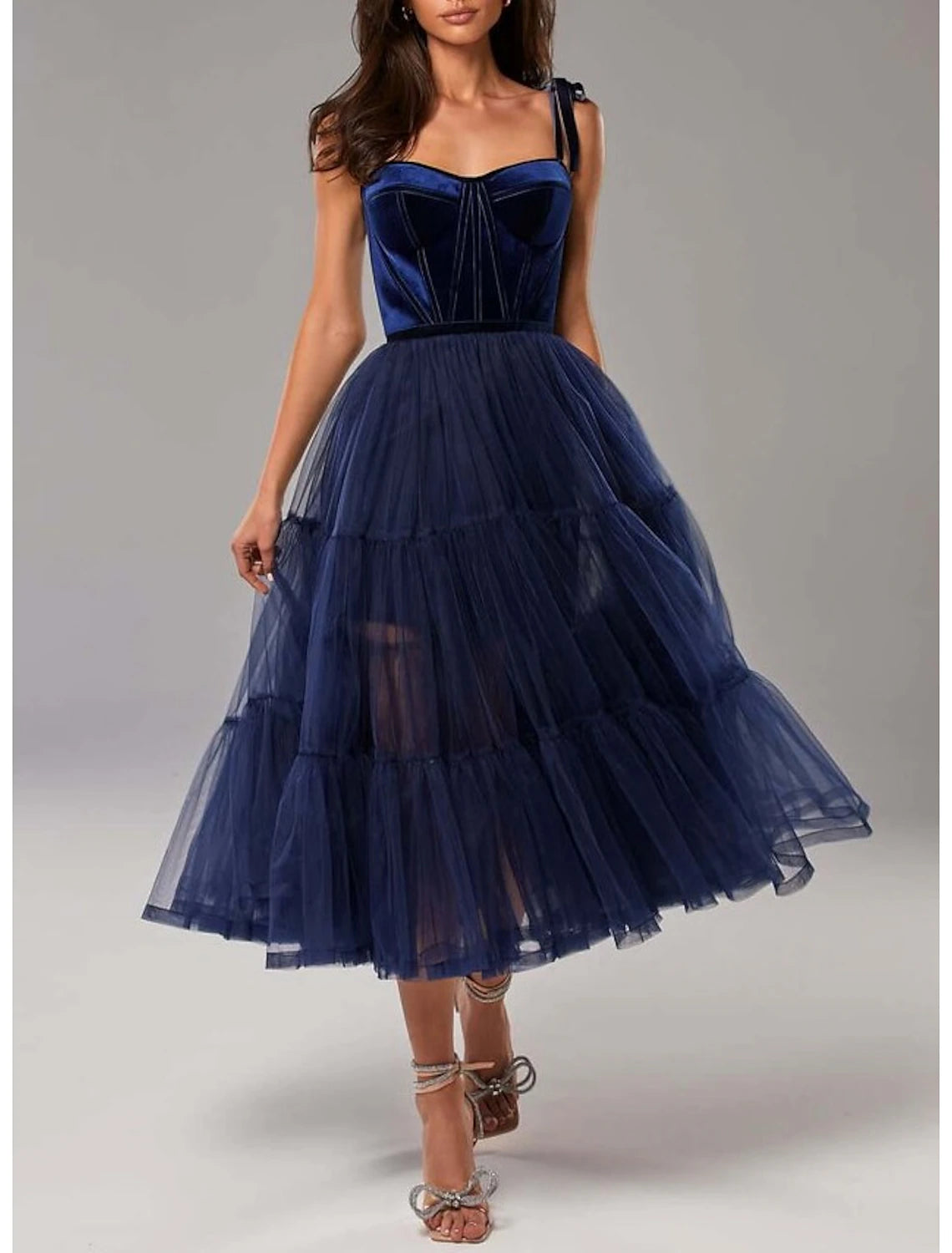 A-Line Prom Dresses Elegant Dress Wedding Guest Tea Length Sleeveless Strapless Tulle with Pleats Pure Color