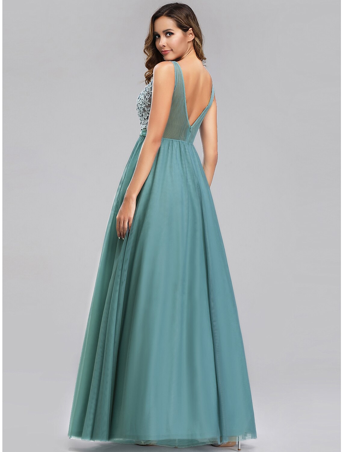 A-Line Empire Holiday Prom Dress V Neck V Back Sleeveless Floor Length Chiffon with Appliques