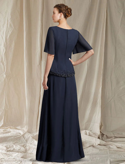 A-Line Mother of the Bride Dress Elegant Jewel Neck Floor Length Chiffon Short Sleeve with Crystals A-Line Mother of the Bride Dress Elegant Jewel Neck Floor Length Chiffon Short Sleeve with Crystals