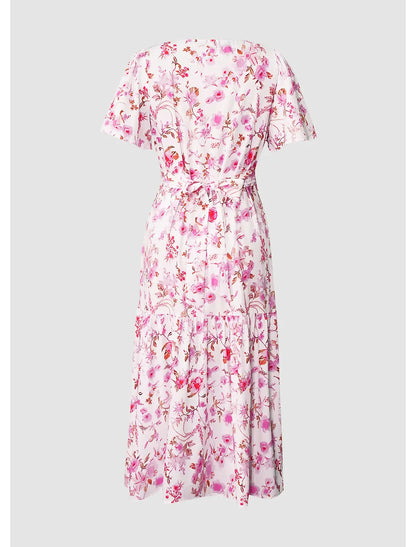 A-Line Wedding Guest Dresses Floral Dress Holiday Tea Length Short Sleeve V Neck Polyester with Print