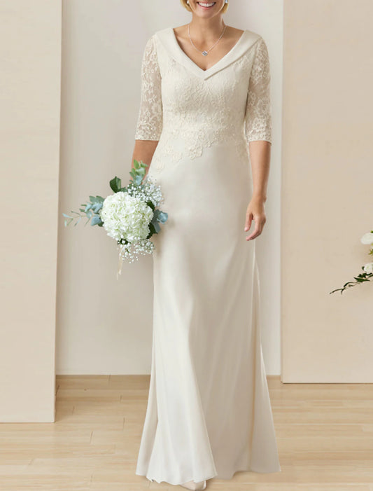 Mature Modest Fall Wedding Dresses Sheath / Column V Neck Half Sleeve Floor Length Chiffon Bridal Gowns With Appliques Solid Color