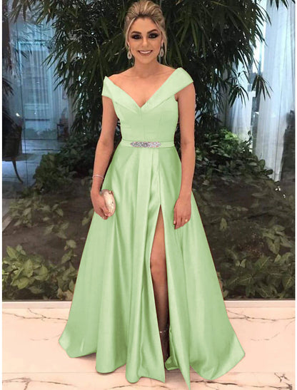 A-Line Elegant Prom Formal Evening Valentine's Day Dress Off Shoulder Short Sleeve Sweep / Brush Train Satin with Split Front