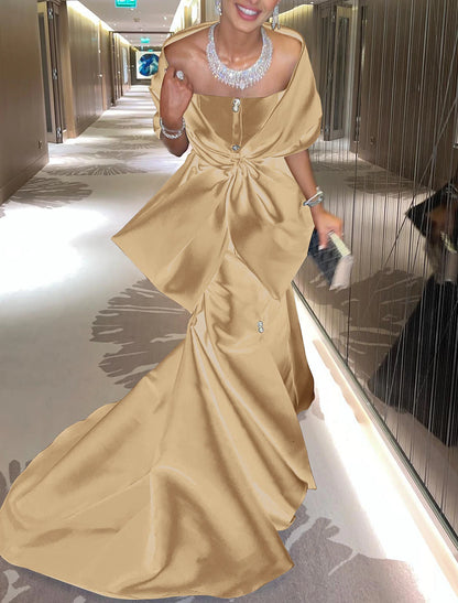 Mermaid / Trumpet Evening Gown Elegant Dress Formal Court Train Half Sleeve Off Shoulder Satin with Bow(s) Slit