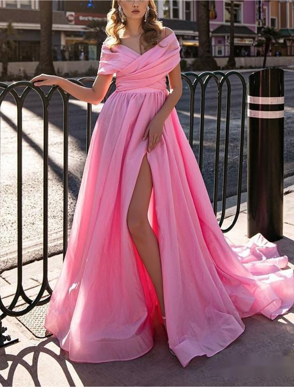 Ball Gown Prom Dresses High Split Dress Wedding Prom Court Train Short Sleeve Off Shoulder Stretch Chiffon with Slit