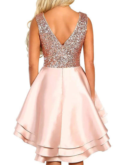 A-Line WE Party Dress Homecoming Cocktail Party Asymmetrical Sleeveless V Neck Pink Dress Satin with Sequin Tiered