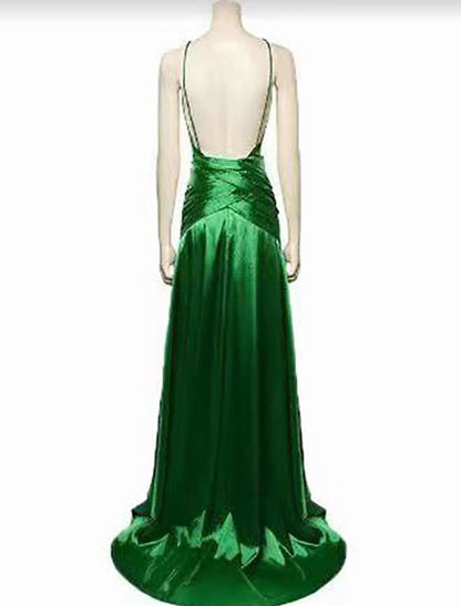 A-Line Prom Dresses Vintage Dress Holiday Party Wear Sweep / Brush Train Sleeveless V Neck Satin Backless with Ruched