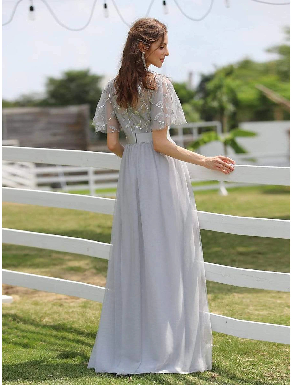 A-Line Empire Elegant Party Wear Prom Dress Jewel Neck Short Sleeve Floor Length Tulle with Embroidery