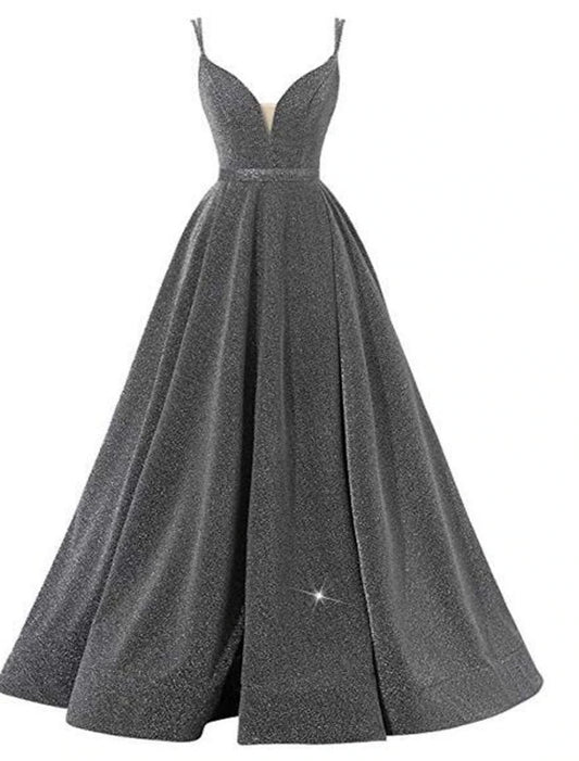 A-Line Beautiful Back Sexy Wedding Guest Formal Evening Birthday Dress Spaghetti Strap Sleeveless Floor Length Sequined with Pleats Sequin