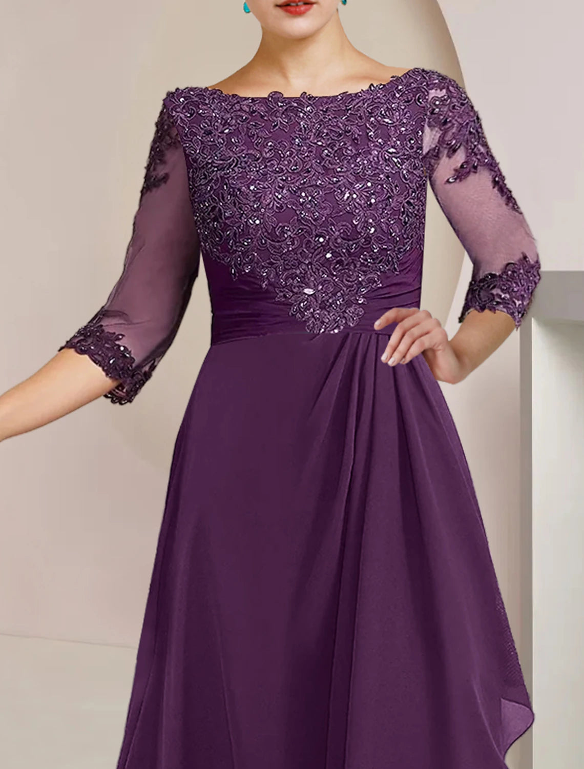 A-Line Mother of the Bride Dress Formal Wedding Guest Elegant High Low Scoop Neck Asymmetrical Floor Length Chiffon Lace 3/4 Length Sleeve with Beading Sequin Appliques