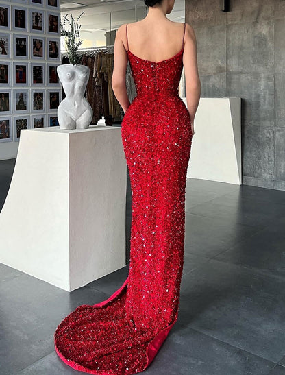 Mermaid / Trumpet Prom Dresses Sparkle & Shine Dress Red Green Dress Wedding Guest Sweep / Brush Train Sleeveless V Neck Sequined with Sequin Slit