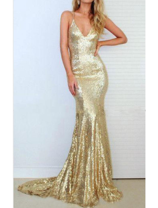 Mermaid / Trumpet Evening Gown Sparkle Dress Engagement Prom Sweep / Brush Train Sleeveless V Neck Sequined with Sequin