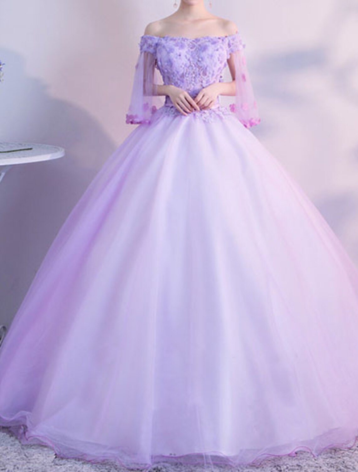 Ball Gown Elegant Floral Quinceanera Formal Evening Dress Off Shoulder Half Sleeve Floor Length Tulle with Appliques