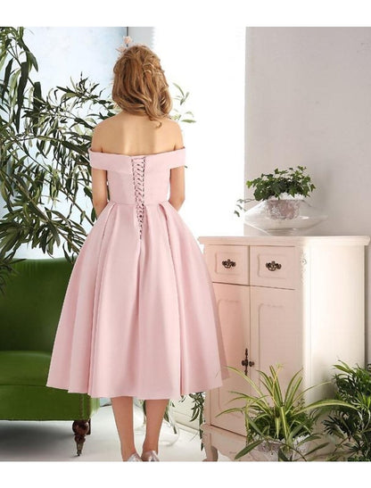 A-Line Cocktail Dresses Vintage Dress Engagement Tea Length Sleeveless Off Shoulder Stretch Fabric with Pleats