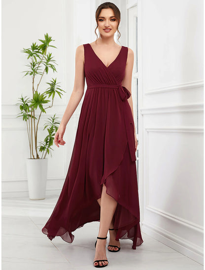 A-Line Wedding Guest Dresses Elegant Dress Party Wear Asymmetrical Sleeveless V Neck Chiffon with Ruffles Strappy