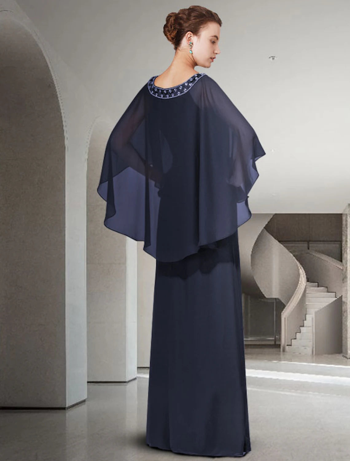 Two Piece Sheath / Column Mother of the Bride Dress Elegant Jewel Neck Floor Length Chiffon Long Sleeve with Ruffles