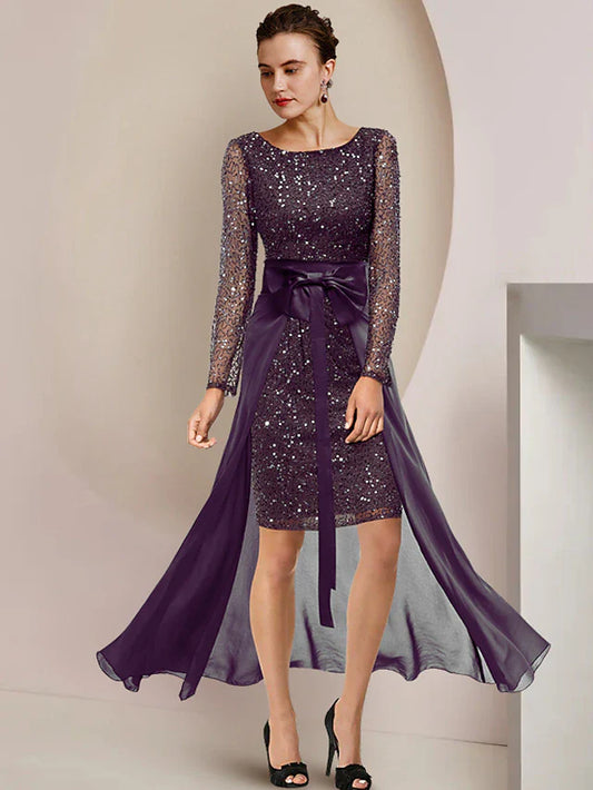 Two Piece Sheath / Column Mother of the Bride Dress Formal Wedding Guest Sparkle & Shine Elegant Scoop Neck Knee Length Lace Sequined Long Sleeve with Beading Sequin