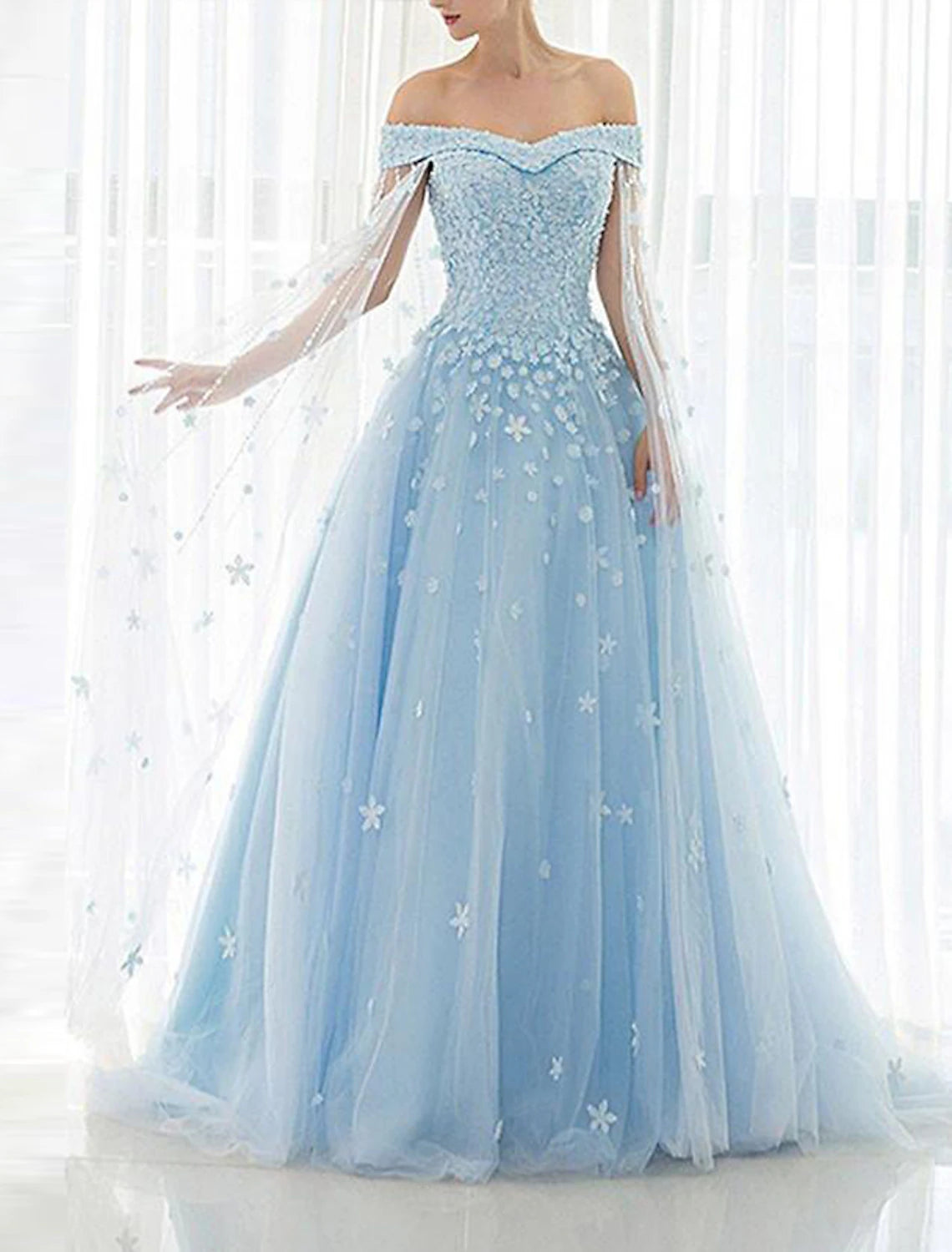 A-Line Prom Dresses Floral Dress Wedding Guest Engagement Chapel Train Short Sleeve Off Shoulder Tulle with Pleats Beading Appliques