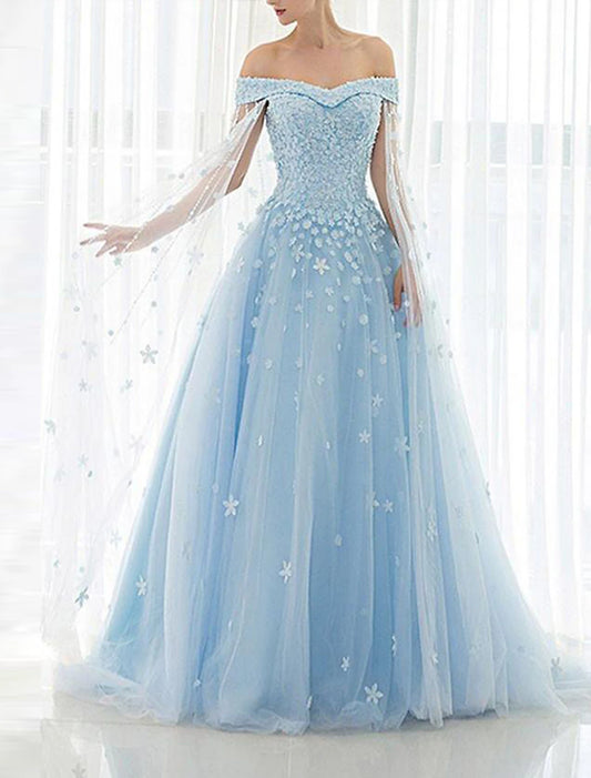 A-Line Prom Dresses Floral Dress Wedding Guest Engagement Chapel Train Short Sleeve Off Shoulder Tulle with Pleats Beading Appliques