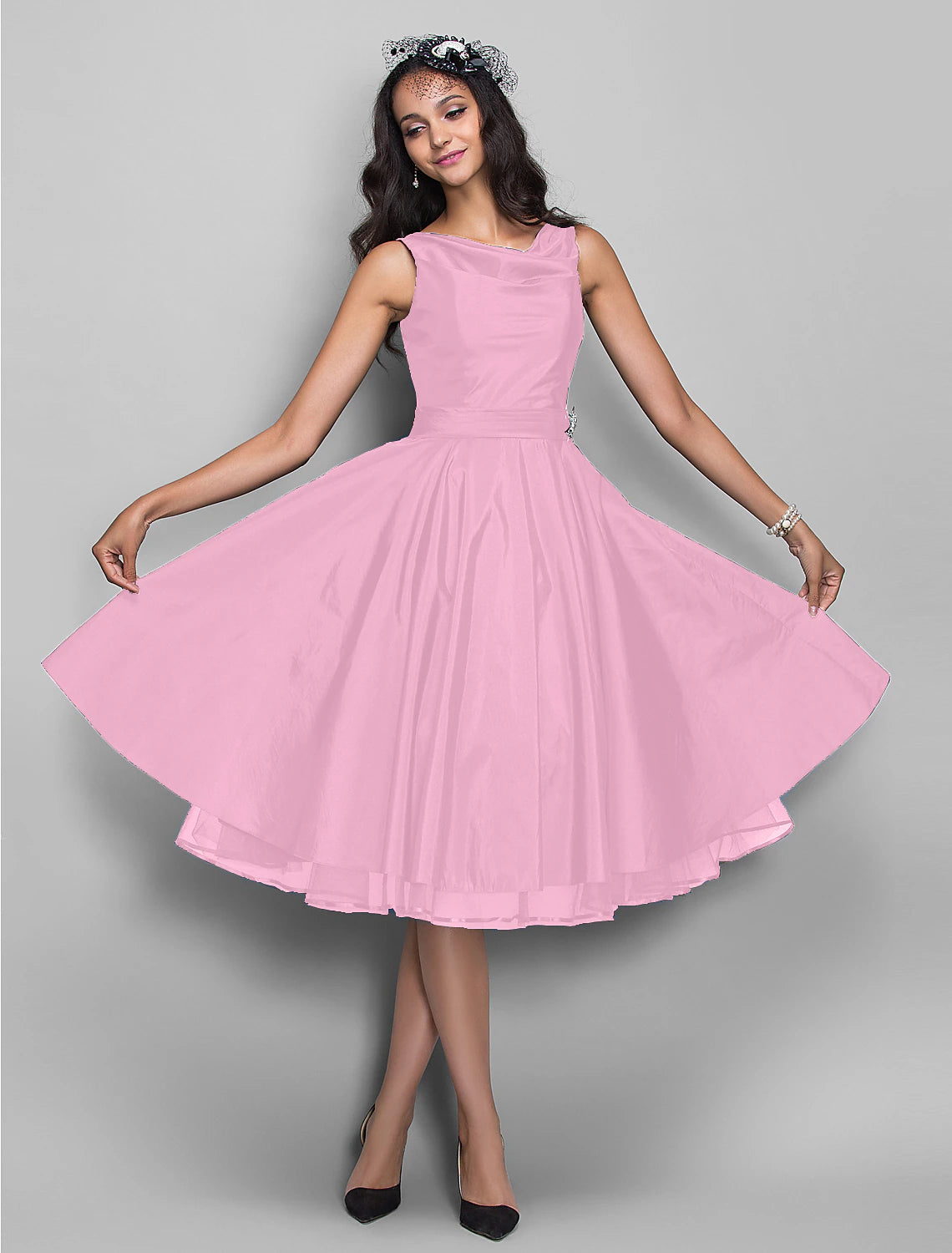 A-Line Cocktail Dresses Vintage Dress Halloween Wedding Guest Knee Length Sleeveless V Neck Taffeta with Pleats Crystals