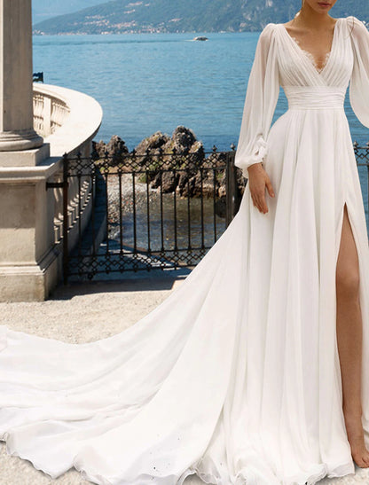 Beach Sexy Wedding Dresses A-Line V Neck Long Sleeve Court Train Chiffon Bridal Gowns With Pleats Split Front Summer Fall Wedding Party