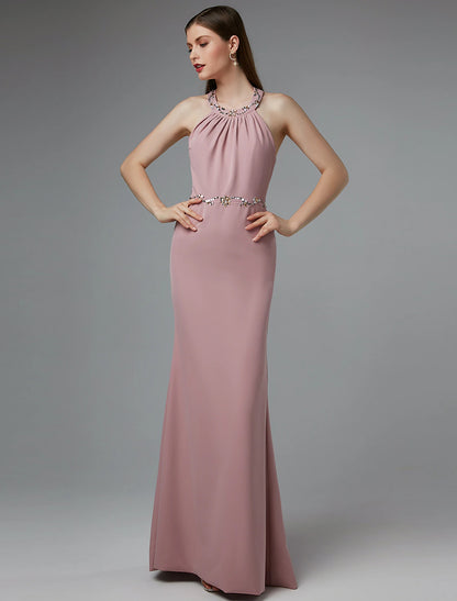 Sheath / Column Beautiful Back Dress Wedding Guest Floor Length Sleeveless Halter Spandex Crisscross Back with Beading