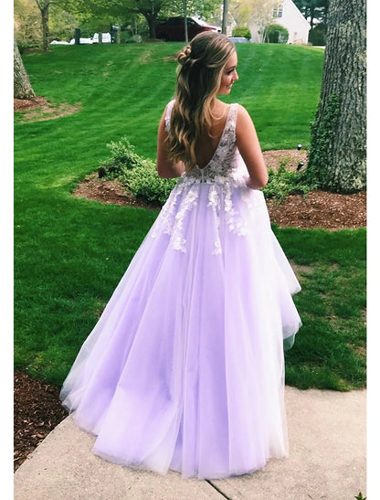 Ball Gown A-Line Prom Dresses Color Block Dress Formal Floor Length Sleeveless V Neck Tulle Backless V Back with Beading Appliques