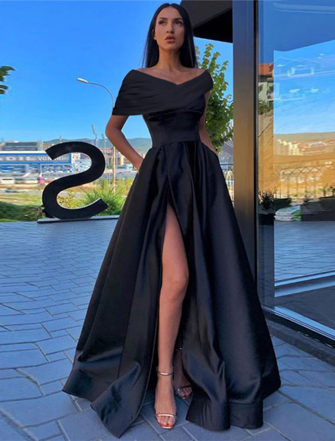 A-Line Prom Dresses Black Dress Formal Wedding Party Floor Length Short Sleeve Off Shoulder Satin with Ruched Slit