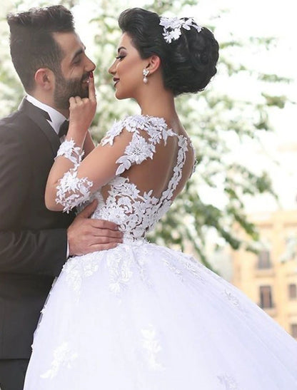 Church Ball Gown Wedding Dresses Court Train Formal Open Back Long Sleeve Jewel Neck Lace