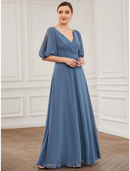 A-Line Evening Gown Minimalist Dress Wedding Guest Floor Length Half Sleeve V Neck Chiffon with Pleats