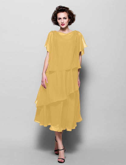 A-Line Mother of the Bride Dress Plus Size Elegant Cowl Neck Tea Length Chiffon Short Sleeve with Ruffles Crystal Brooch